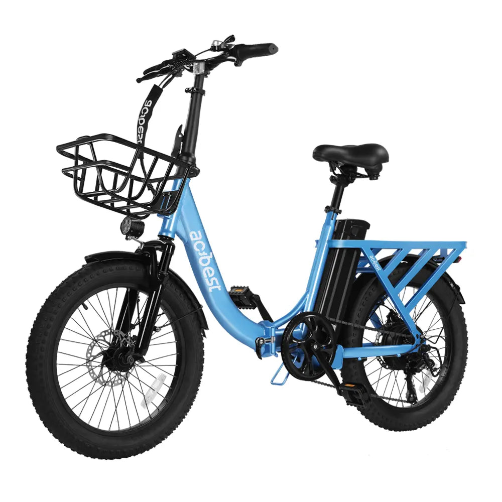 Blue Mars Electric Bike with fat tires, front basket, and rear cargo rack.
