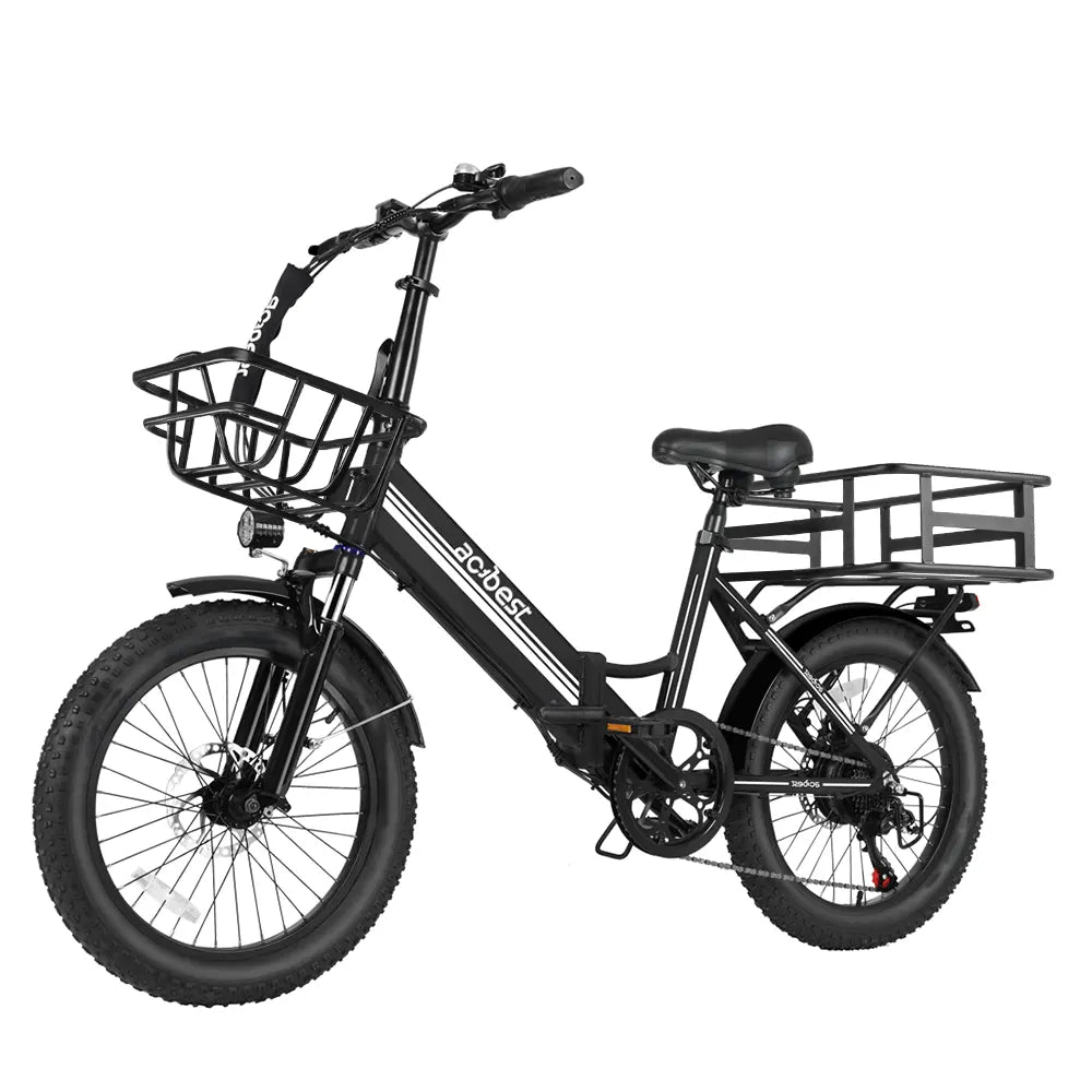 Black folding electric bike with front and rear baskets and 3-inch fat tires.