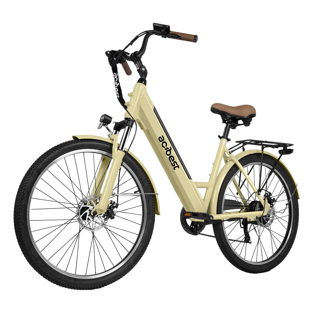 Beige step-thru electric bike with front suspension, disc brakes, and cargo rack