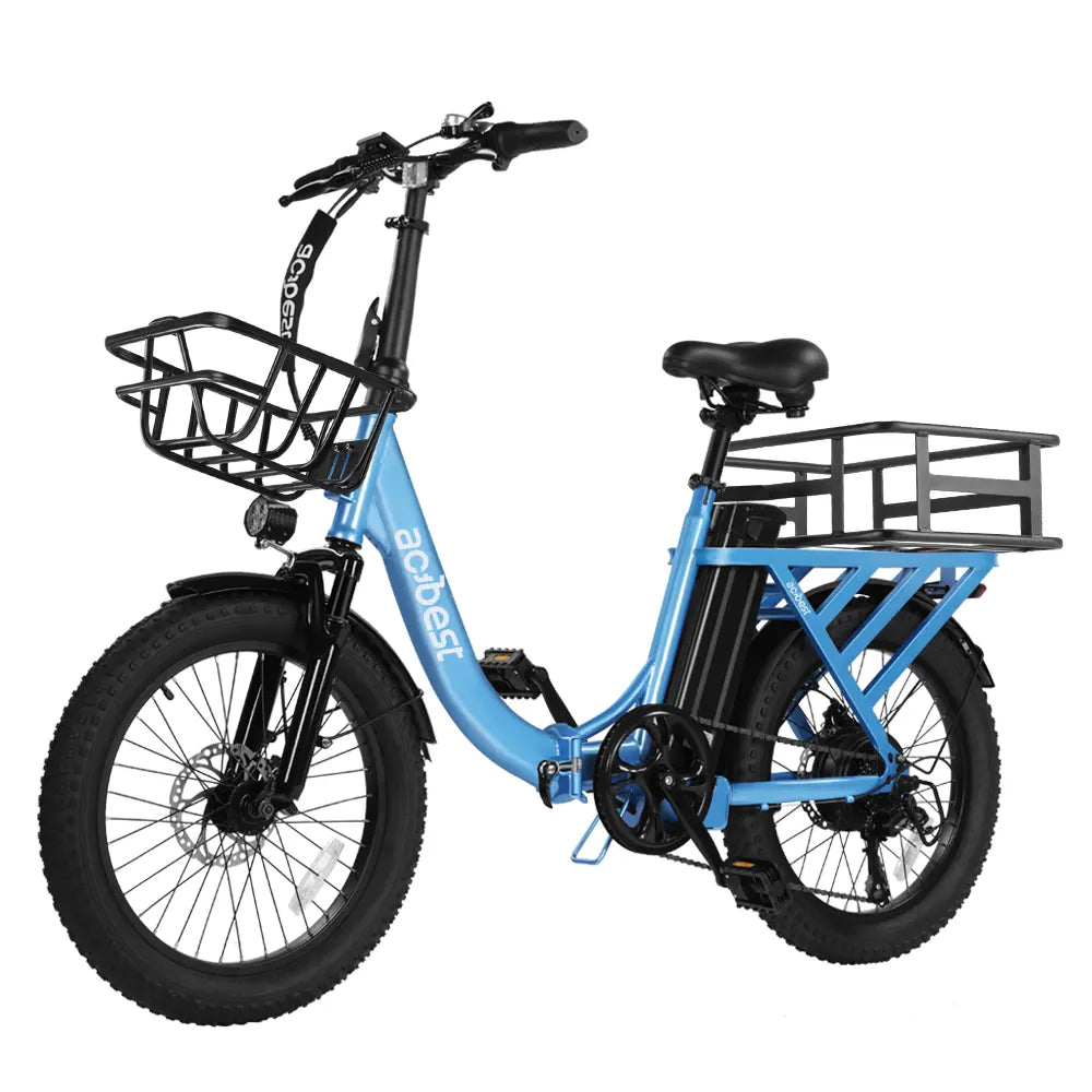 Blue Mars Folding Electric Bike with front basket and rear rack for versatile rides.