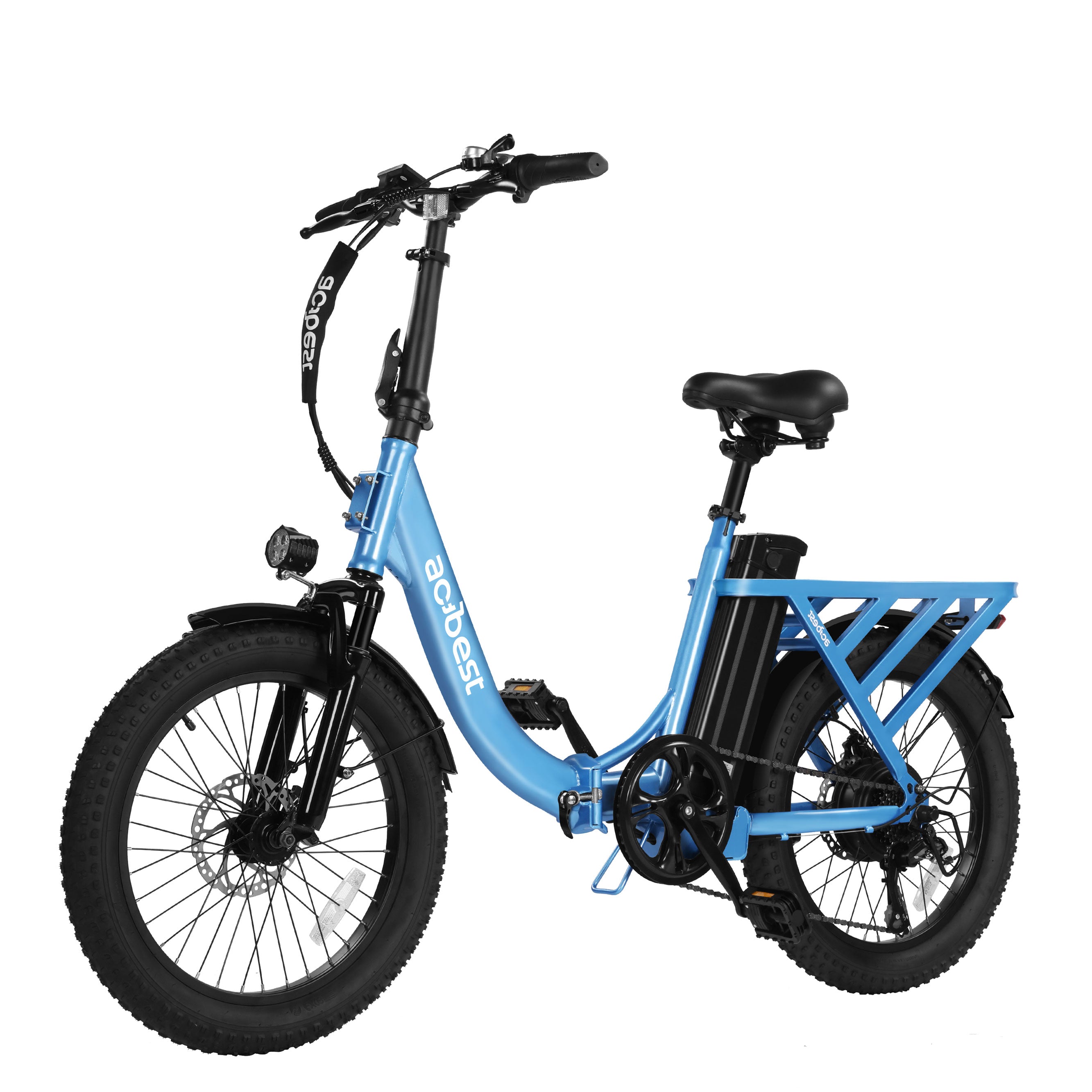 Mars Folding Electric Bike in blue with fat tires and rear storage rack