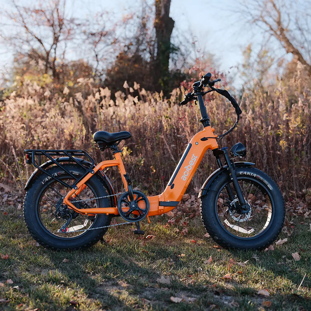 Orange Knight Cargo Electric Bike with fat tires and rear rack in a natural landscape.