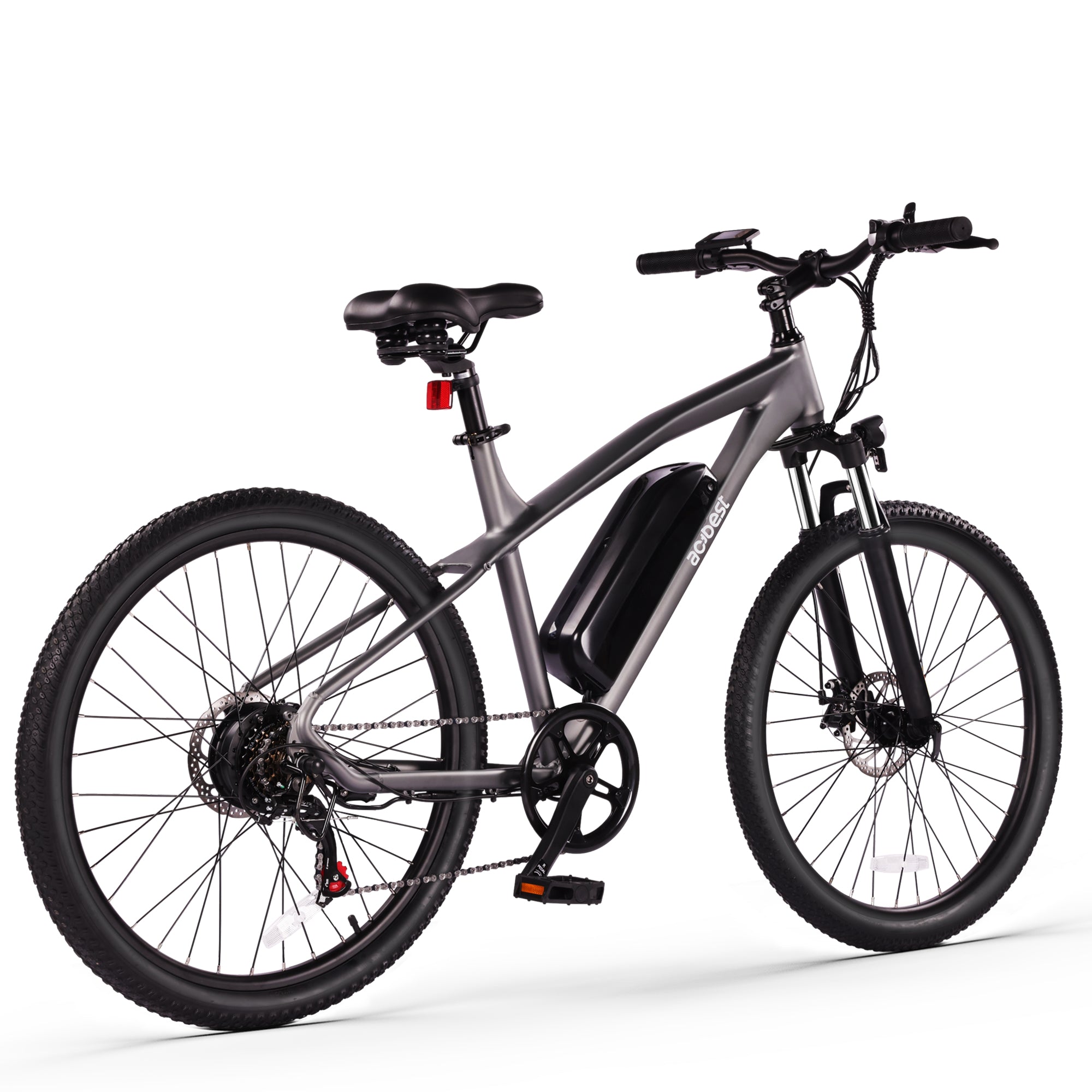 Gray electric mountain bike with powerful motor and removable battery.