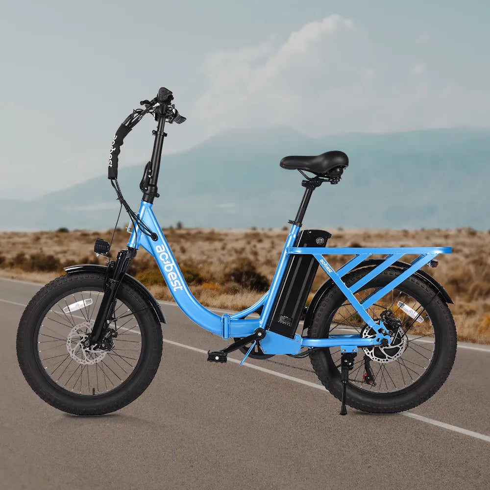 Blue Mars Folding Electric Bike with fat tires and rear cargo space for outdoor rides.