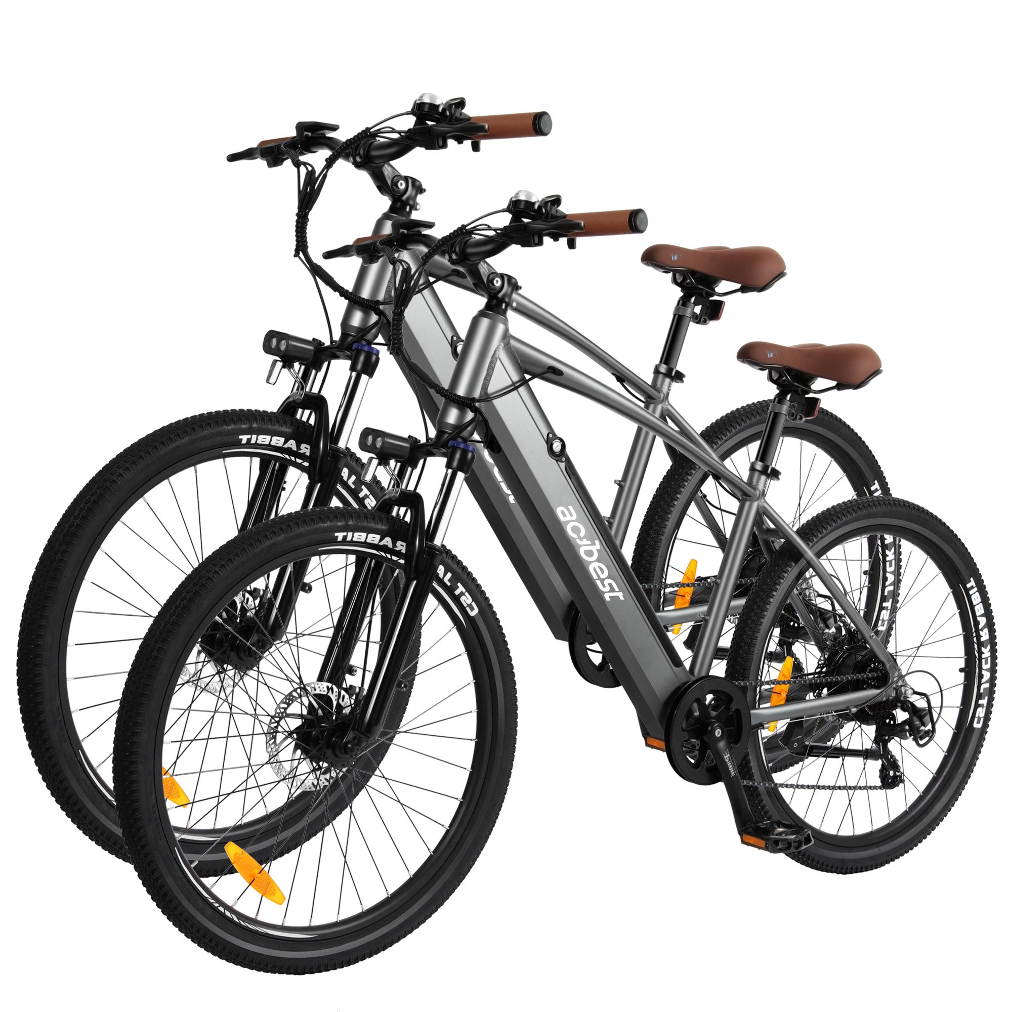 Sleek gray Core Mountain Electric Bikes with brown seats and all-terrain tires.