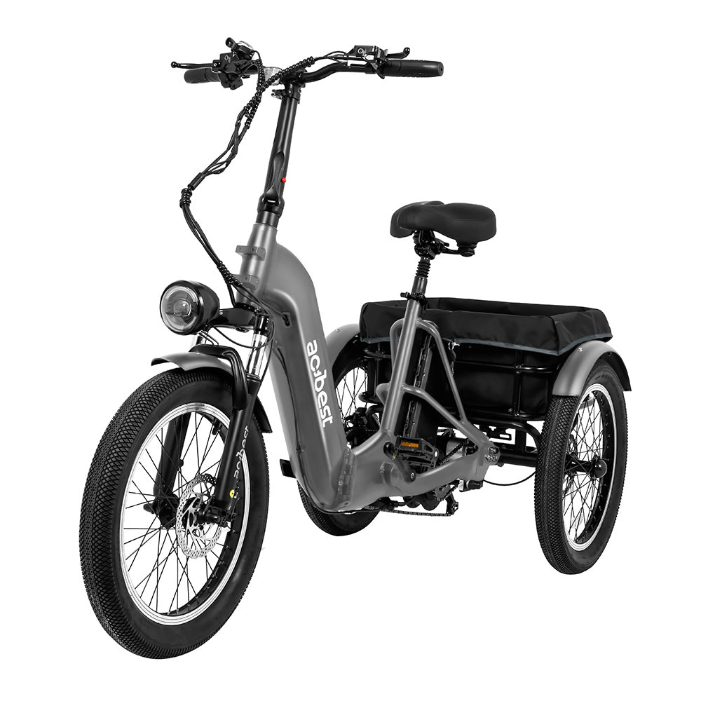 Gray electric tricycle design featuring a spacious battery compartment