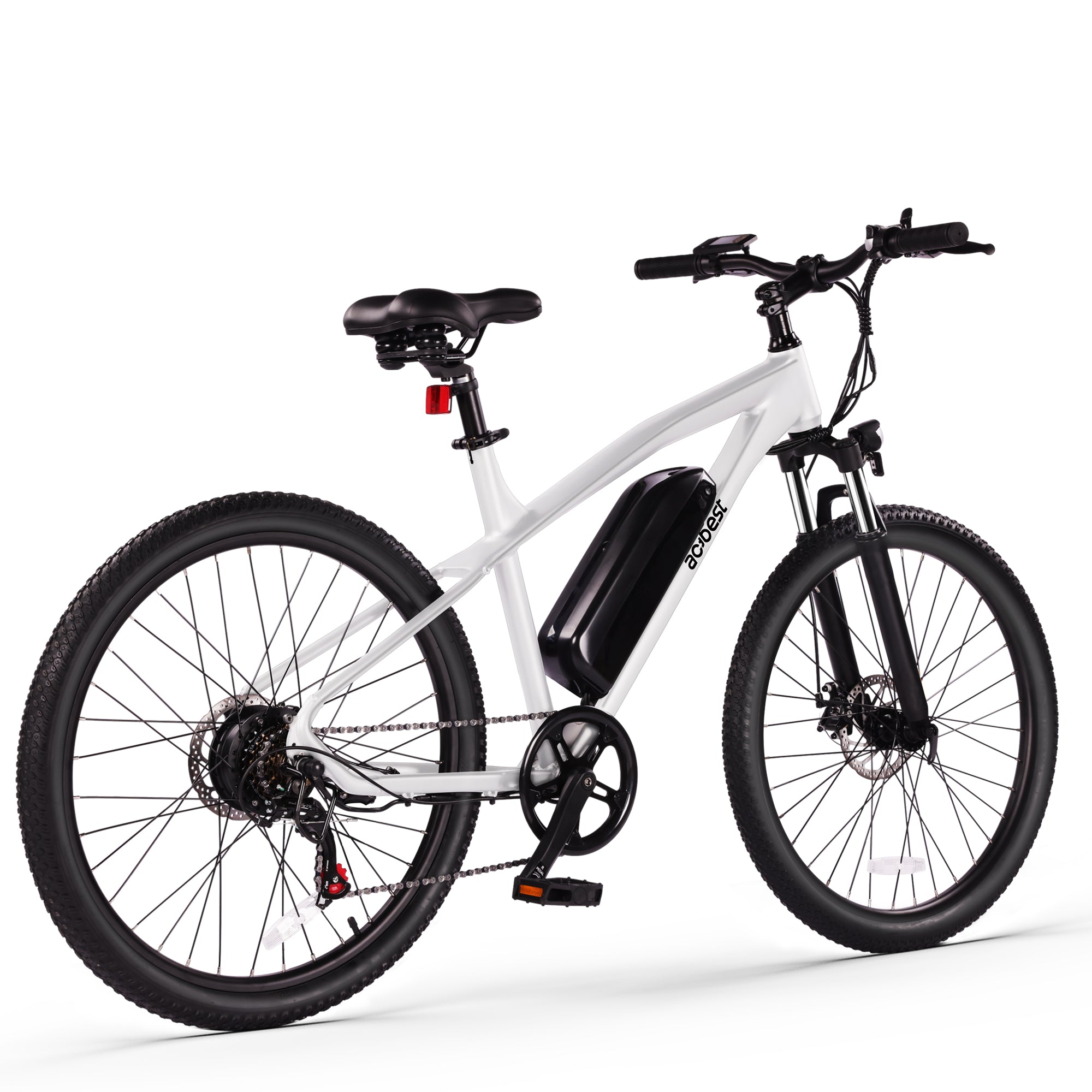 White electric mountain bike with removable battery and dual suspension features.