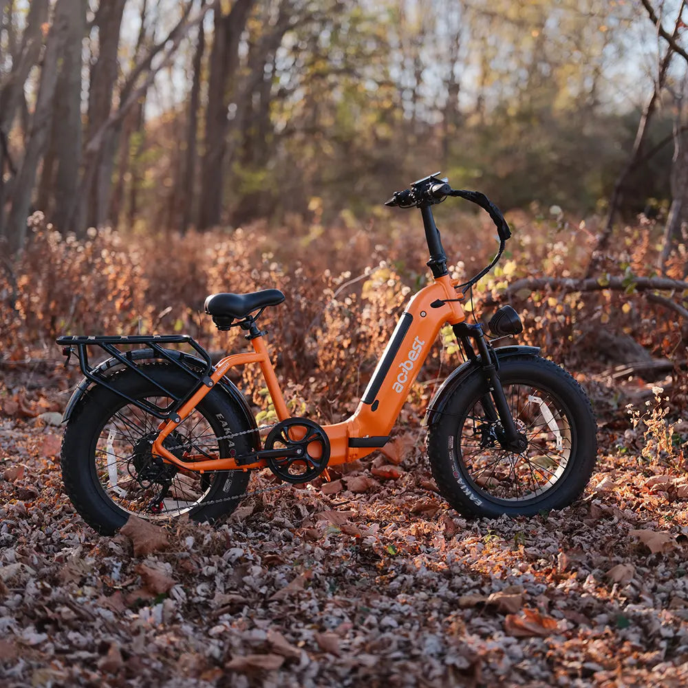 Orange Knight Cargo Step Through Electric Bike with fat tires in autumn foliage