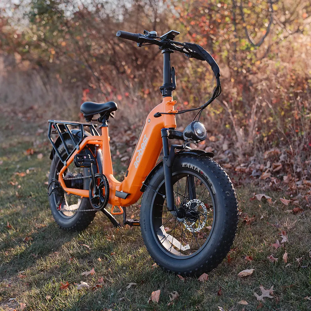 Orange Knight Cargo Electric Bike with fat tires and front light in autumn setting