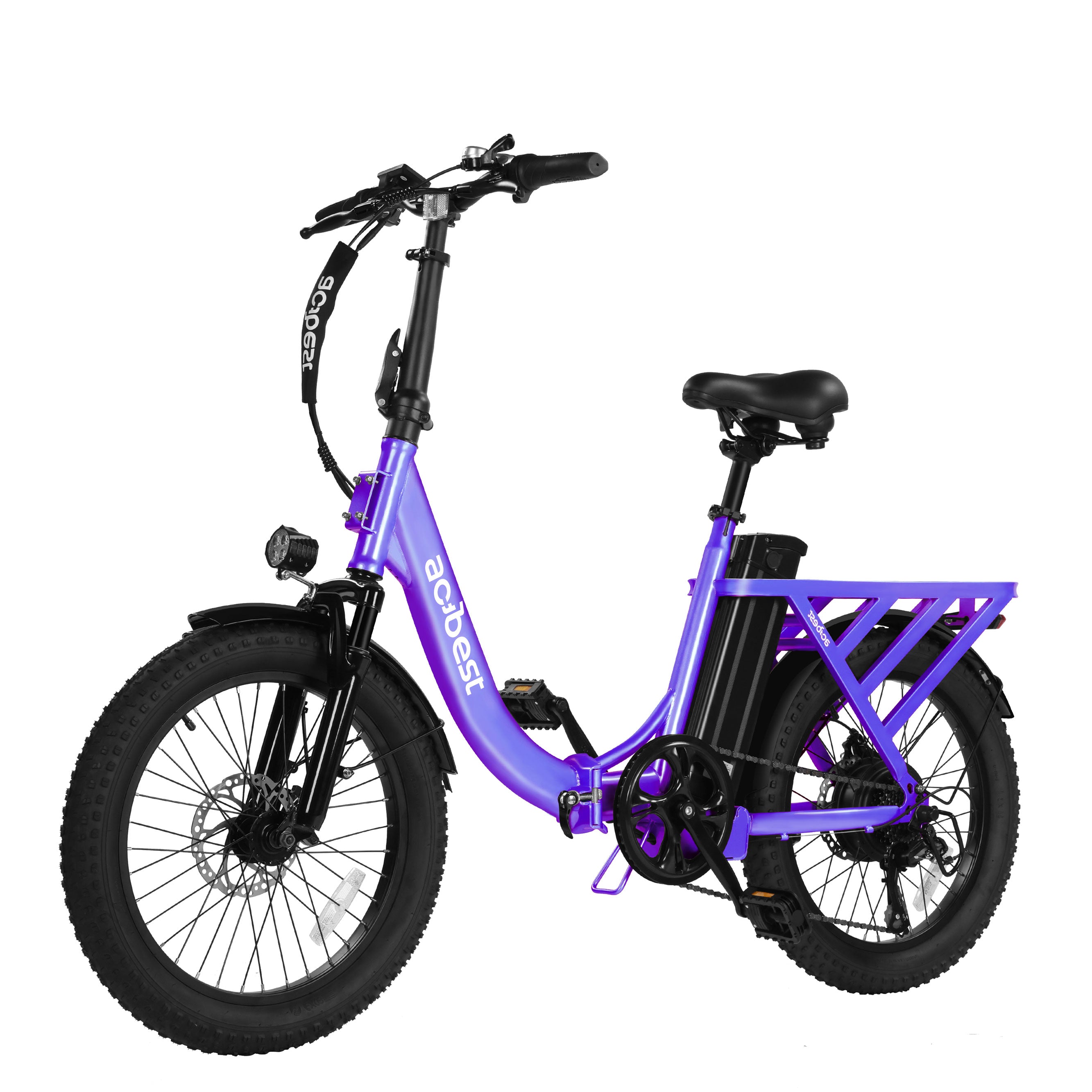 Purple Mars Folding Electric Bike with fat tires and rear cargo rack for outdoor adventures.