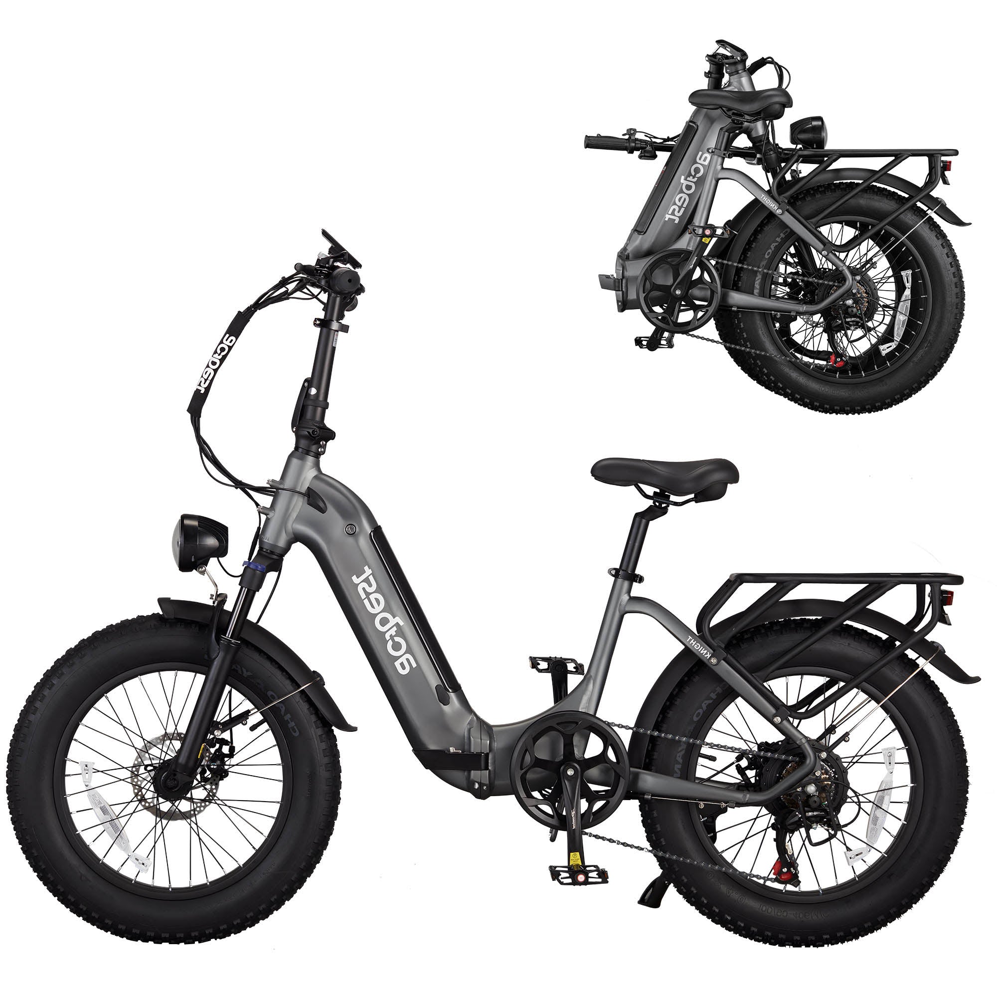 Folded gray Knight Cargo Step Through Electric Bike with fat tires and rear rack