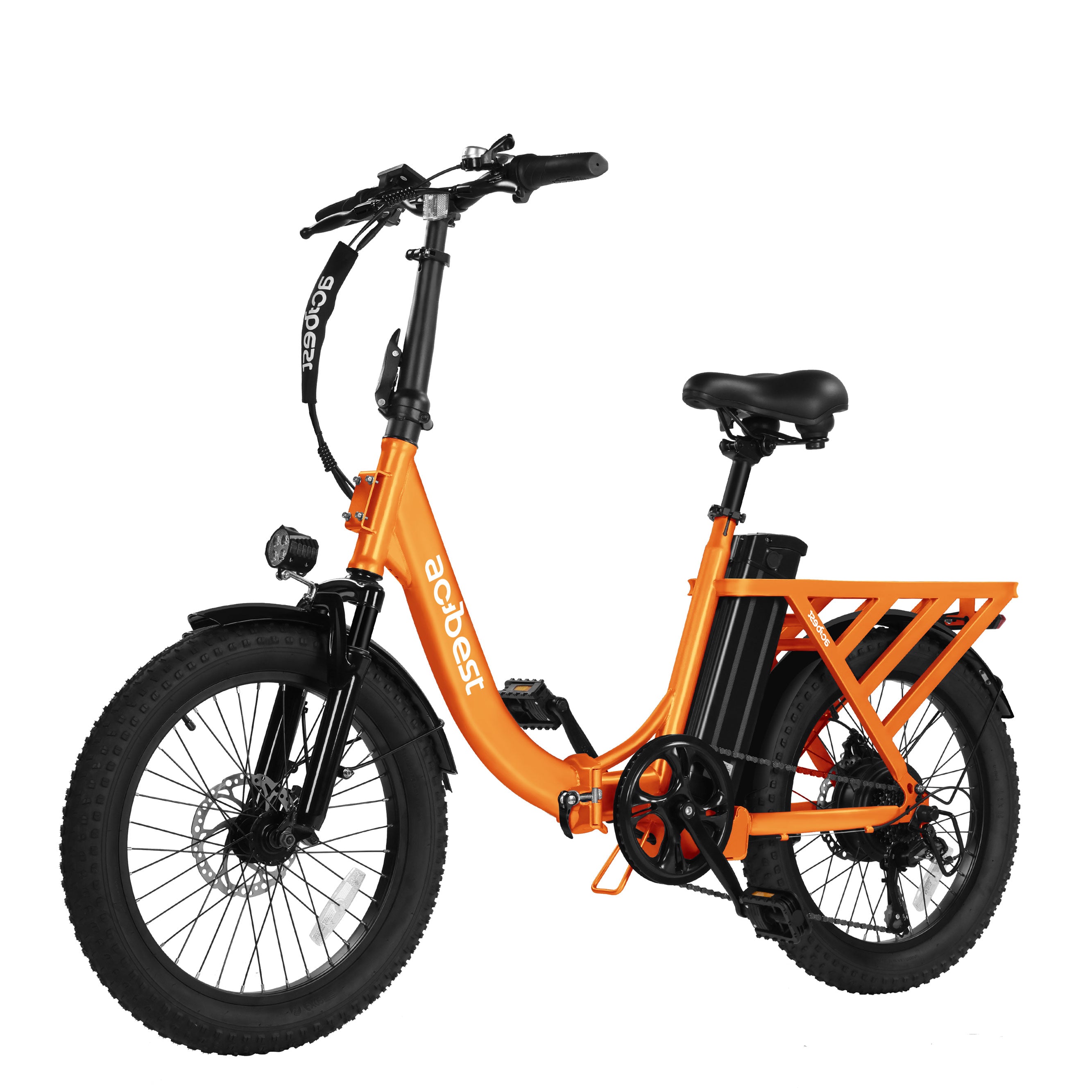 Orange Mars Folding Electric Bike with fat tires, powerful motor, and rear cargo rack.