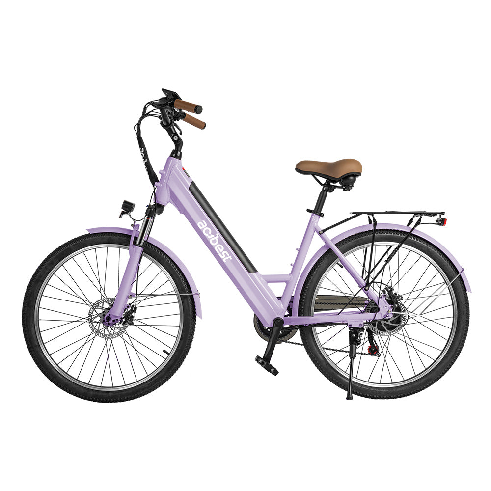 Lavender step-thru electric bike with front suspension and disc brakes