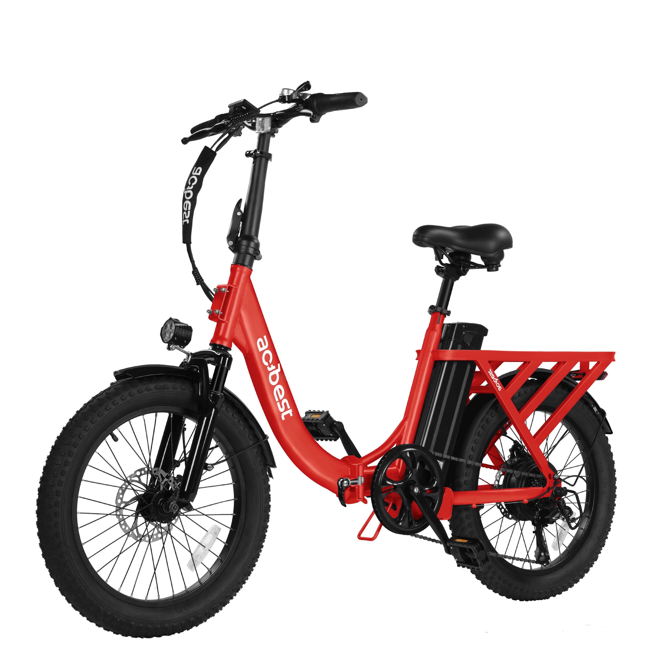 Red Mars Folding Electric Bike with fat tires and rear cargo rack for urban adventures.