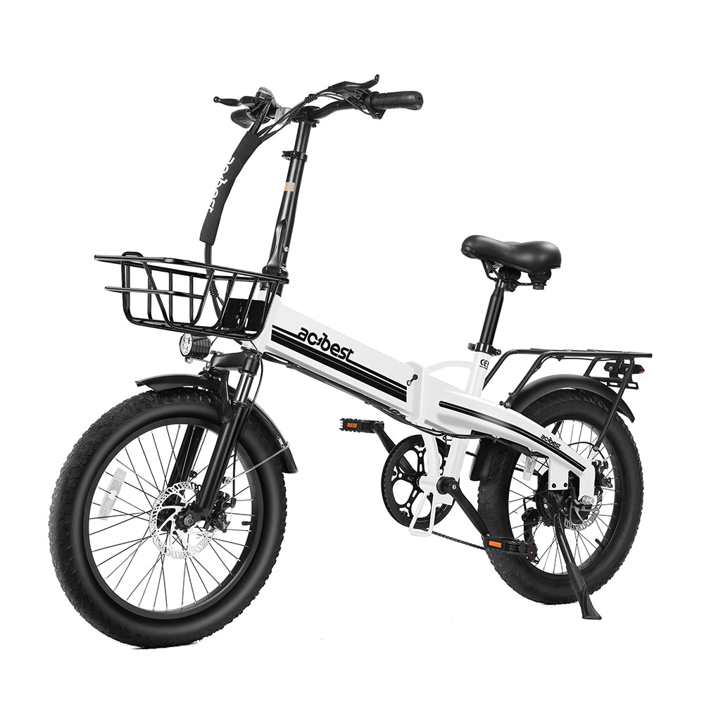 White foldable electric bike with sturdy tires and front basket for all-terrain use.
