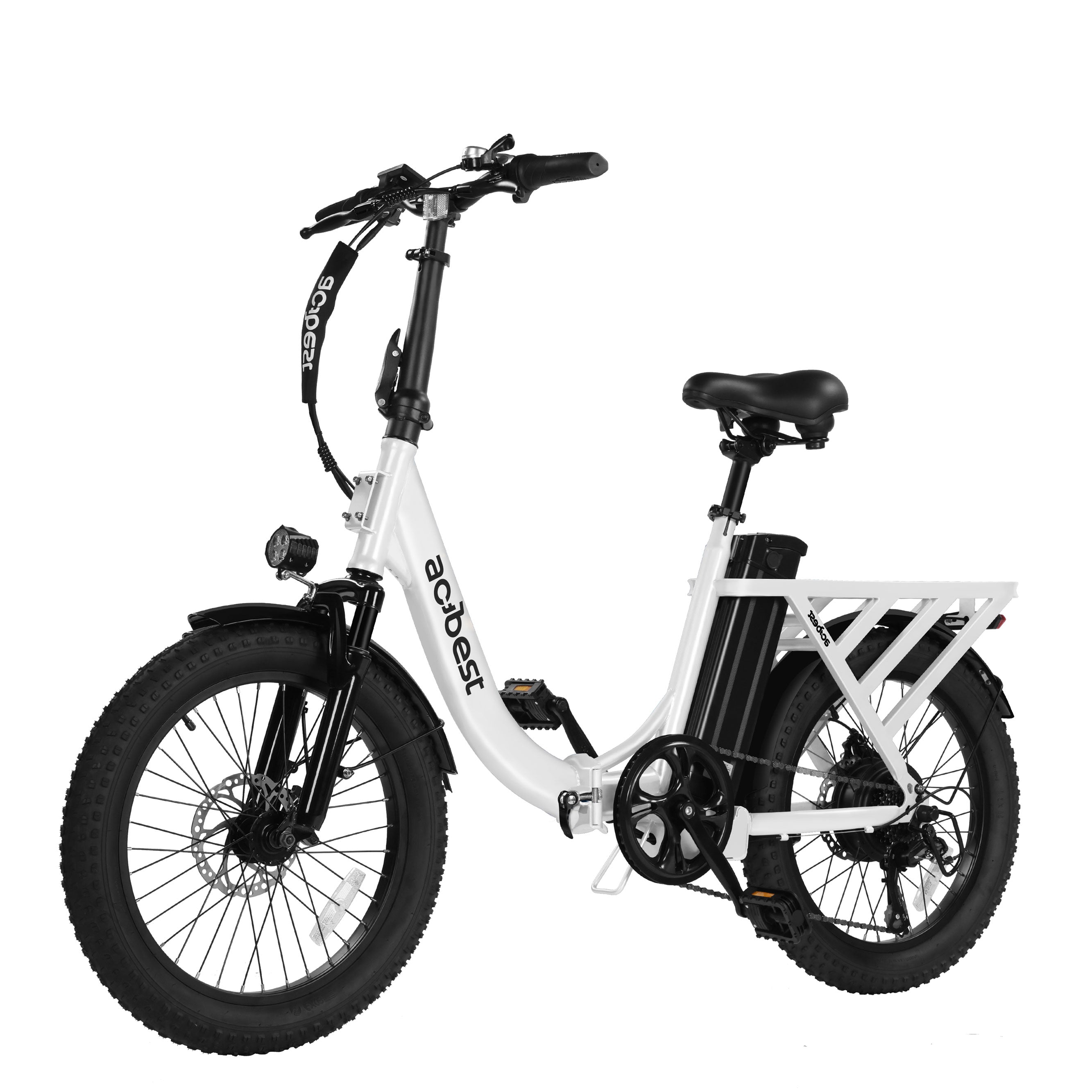 White Mars Folding Electric Bike with fat tires and rear storage rack for versatile riding.