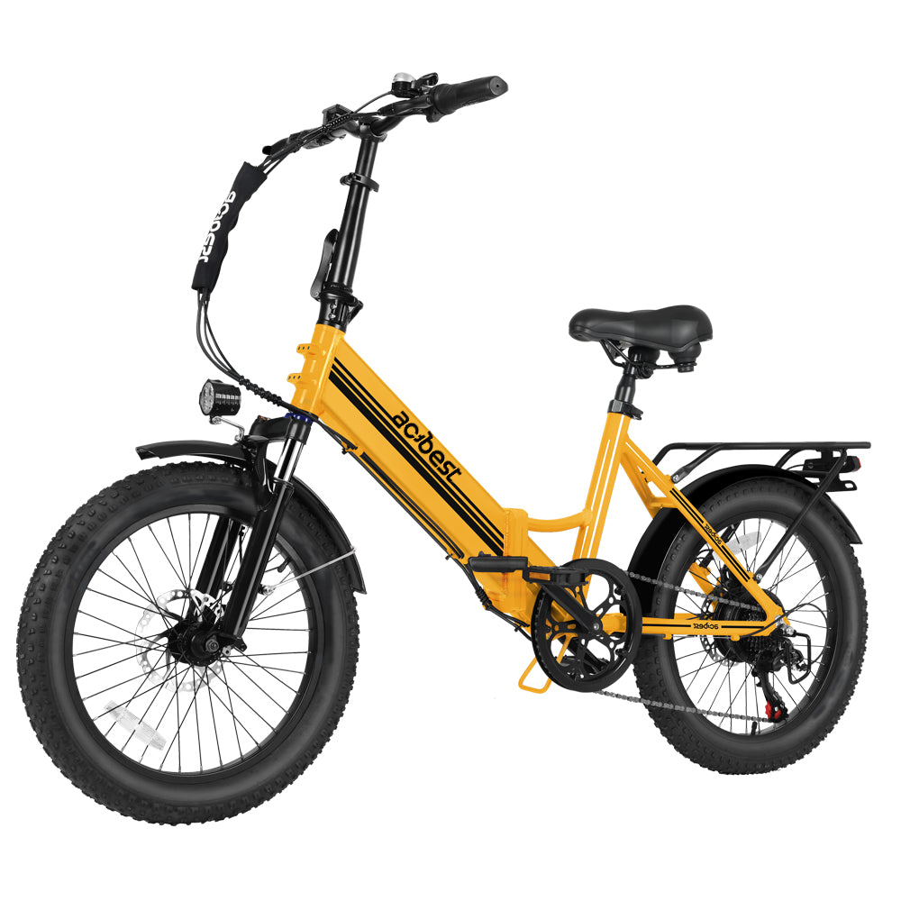 Yellow Speedy-ST folding electric bike with fat tires and a powerful motor.