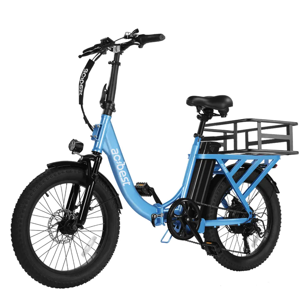 Blue Mars Folding Electric Bike with fat tires and rear rack for versatile terrain use.