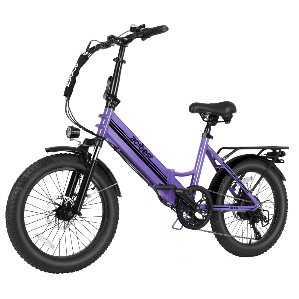 Purple folding electric bike with 3-inch fat tires and a sleek design.