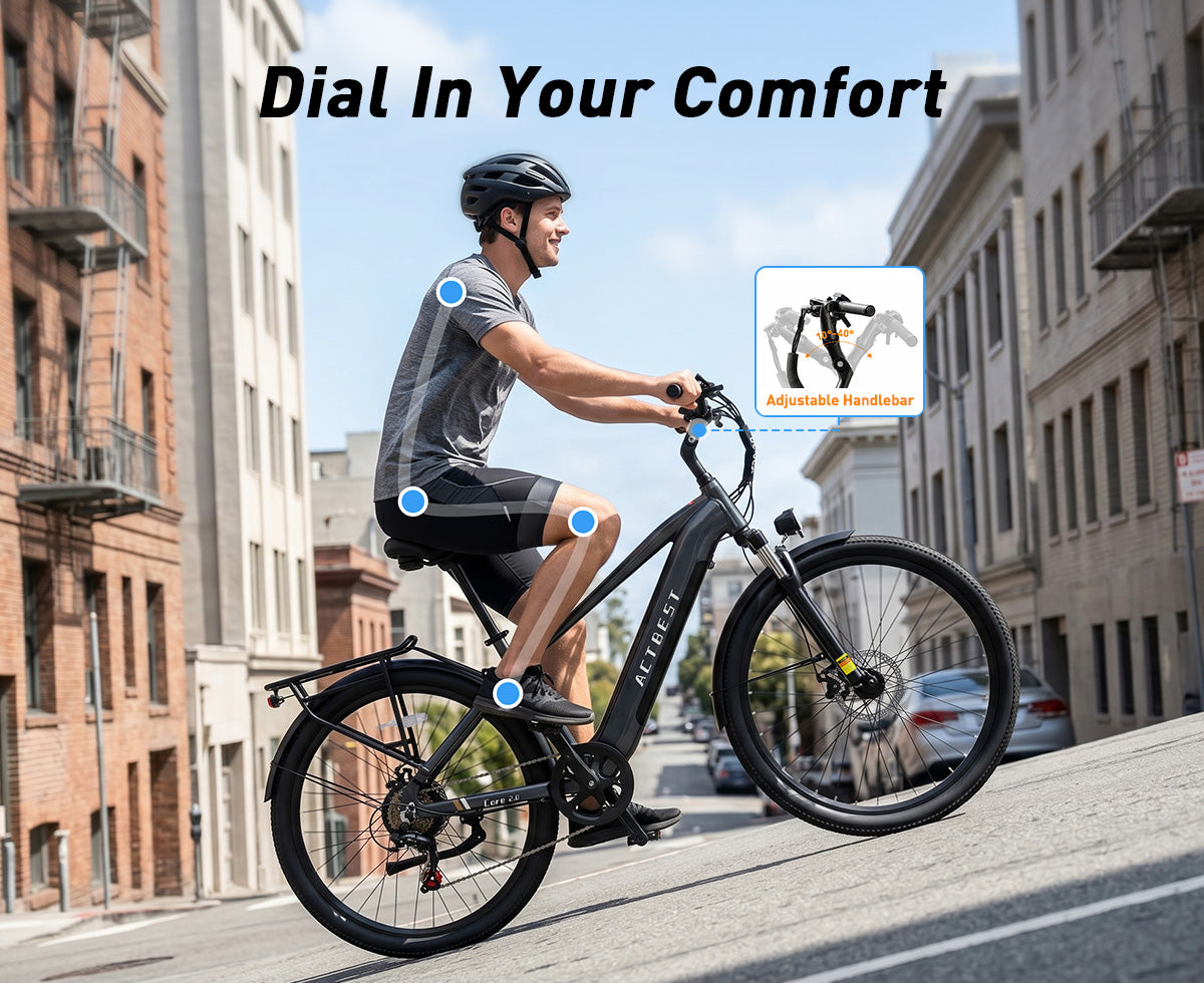 Person riding an electric bike on a city street with text 'Dial In Your Comfort' and an inset showing adjustable handlebar.
