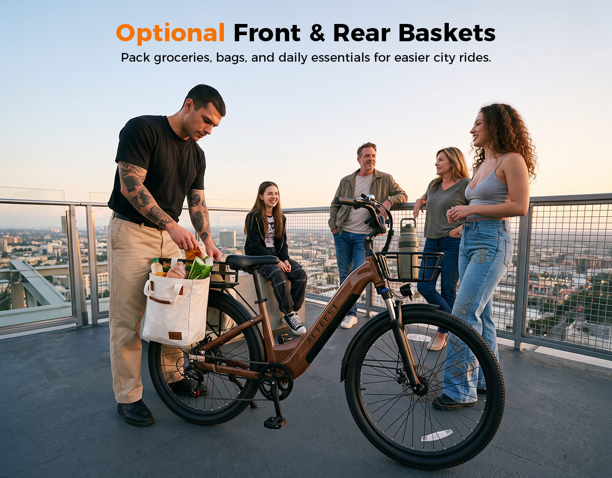 An electric bicycle with front and rear baskets is shown on a rooftop with several people around it, one holding a grocery bag attached to the bike. Text at the top reads 'Optional Front & Rear Baskets' with a subtitle about packing groceries and daily essentials.
