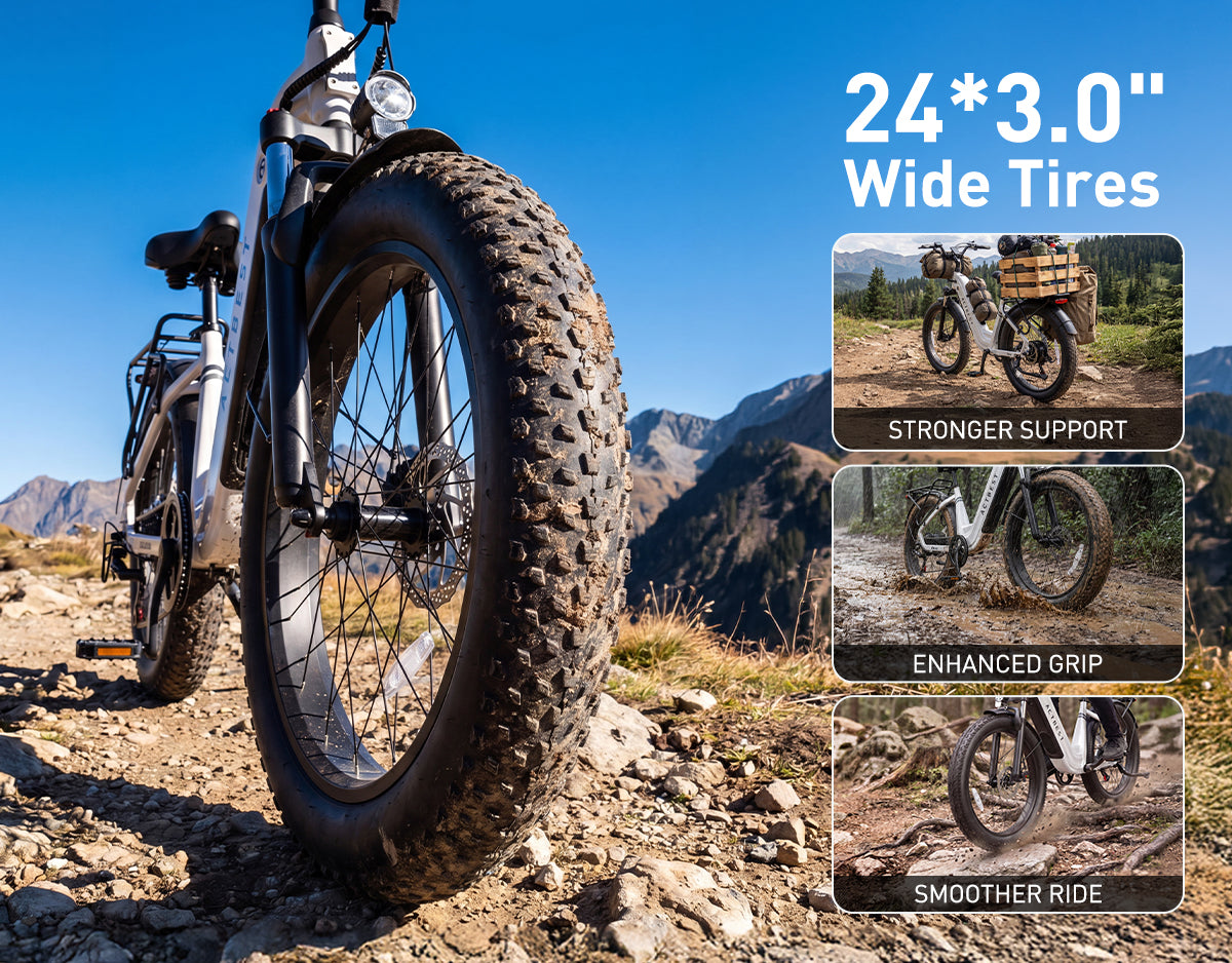 Actbest Cozy electric bike with 24x3.0 inch wide tires for stronger support, enhanced grip, and smoother riding on rough terrain