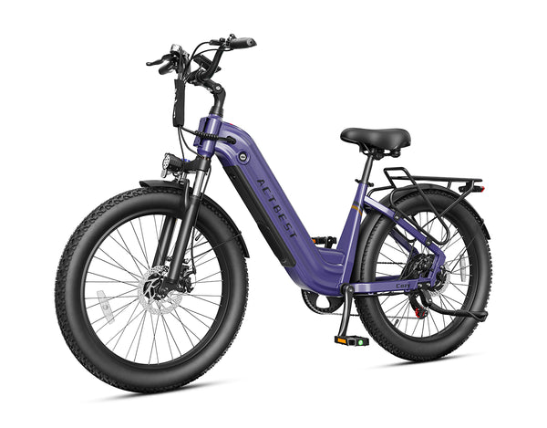 Actbest Cozy purple electric commuter bike with step-through frame, fat tires, fenders, and rear cargo rack