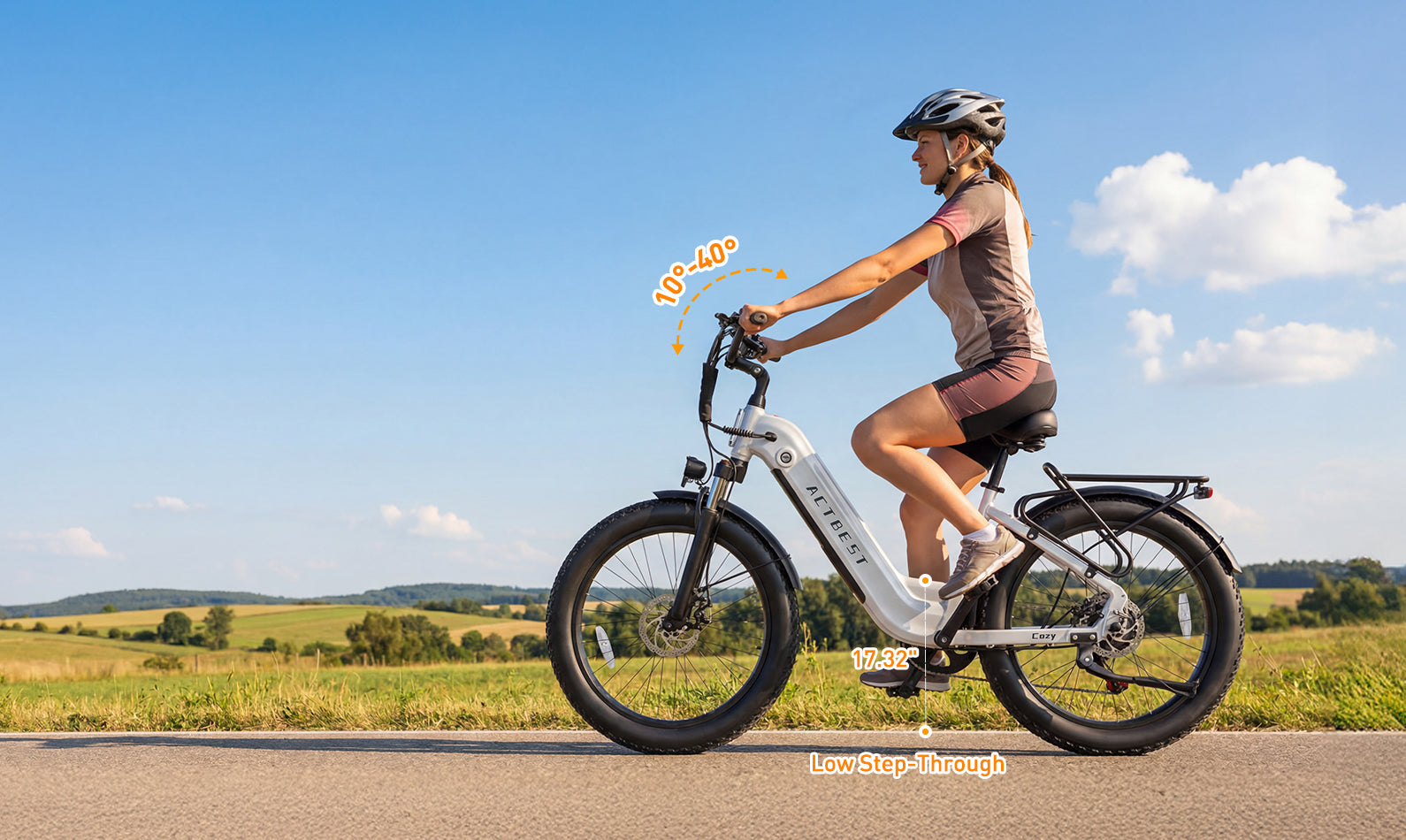 Actbest Cozy white step-through electric bike with adjustable handlebar, low frame design, fat tires, and rear rack for easy riding