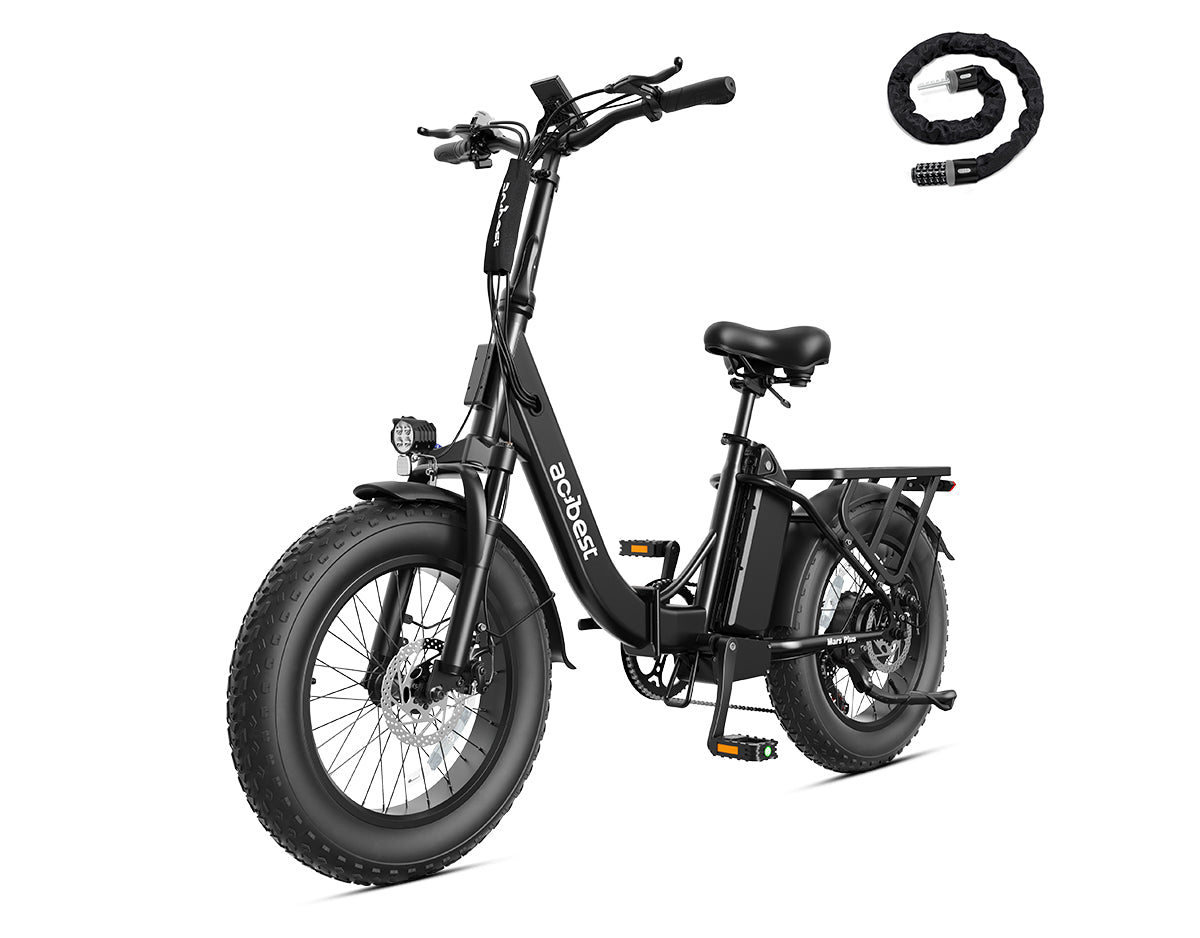 Actbest Mars Plus ST Foldable Step-Through Utility Electric Bike in Black, with included combination chain lock