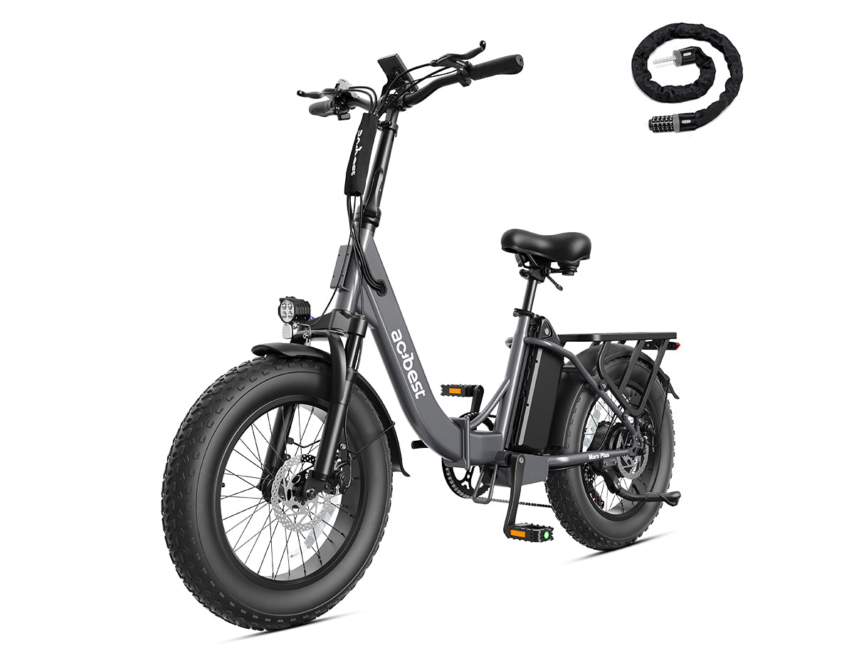 Actbest Mars Plus ST Foldable Step-Through Utility Electric Bike in Gray, with included combination chain lock