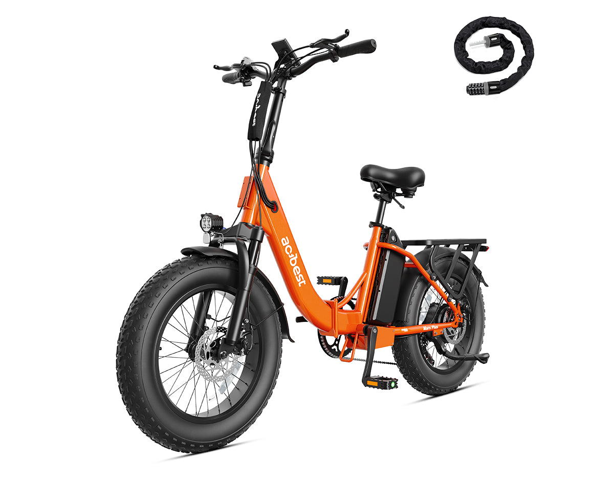 Actbest Mars Plus ST Foldable Step-Through Utility Electric Bike in Orange, with included combination chain lock