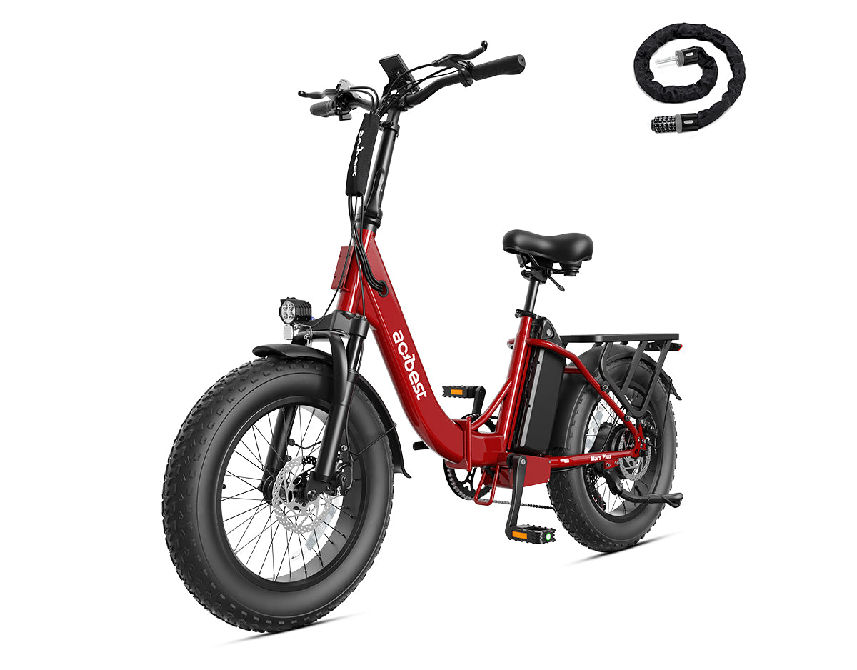 Actbest Mars Plus ST Foldable Step-Through Utility Electric Bike in Red, with included combination chain lock