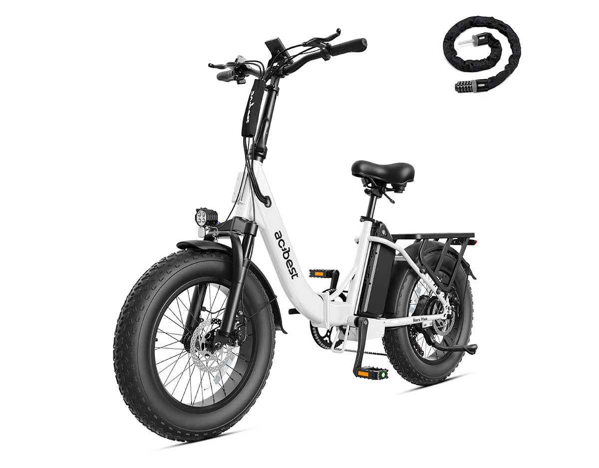 Actbest Mars Plus ST Foldable Step-Through Utility Electric Bike in White, with included combination chain lock