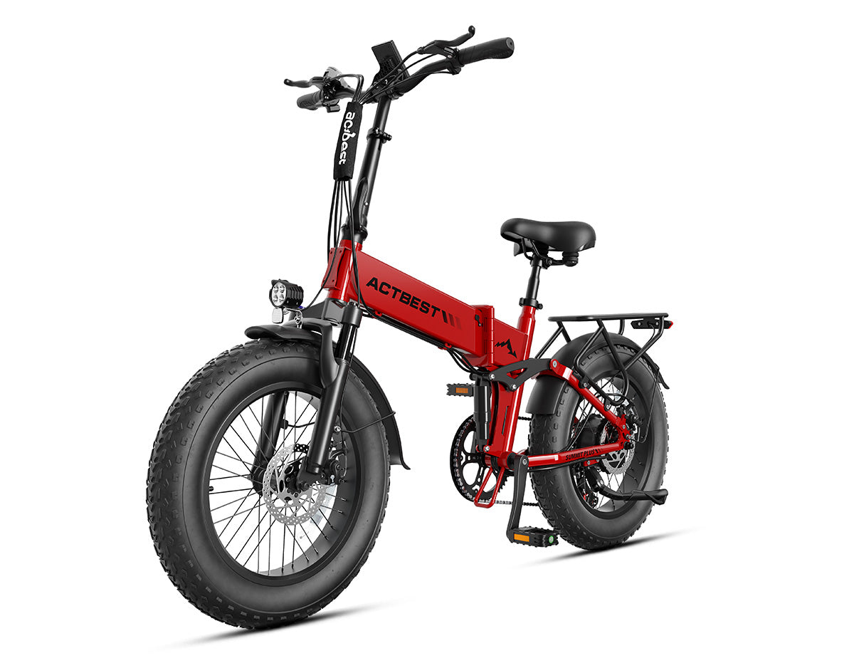 Actbest Summit Plus Full Suspension Folding Fat Tire Electric Bike - Red, Angled Front View