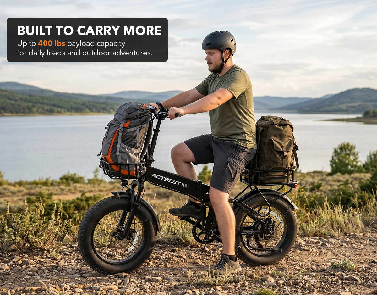 Actbest Summit Plus e-bike carrying heavy outdoor gear on front basket and rear rack, showing 400 lbs payload capacity