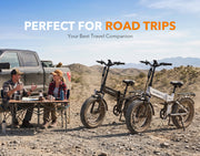 Actbest Summit Plus folding e-bikes at a campsite, perfect companion for outdoor road trips