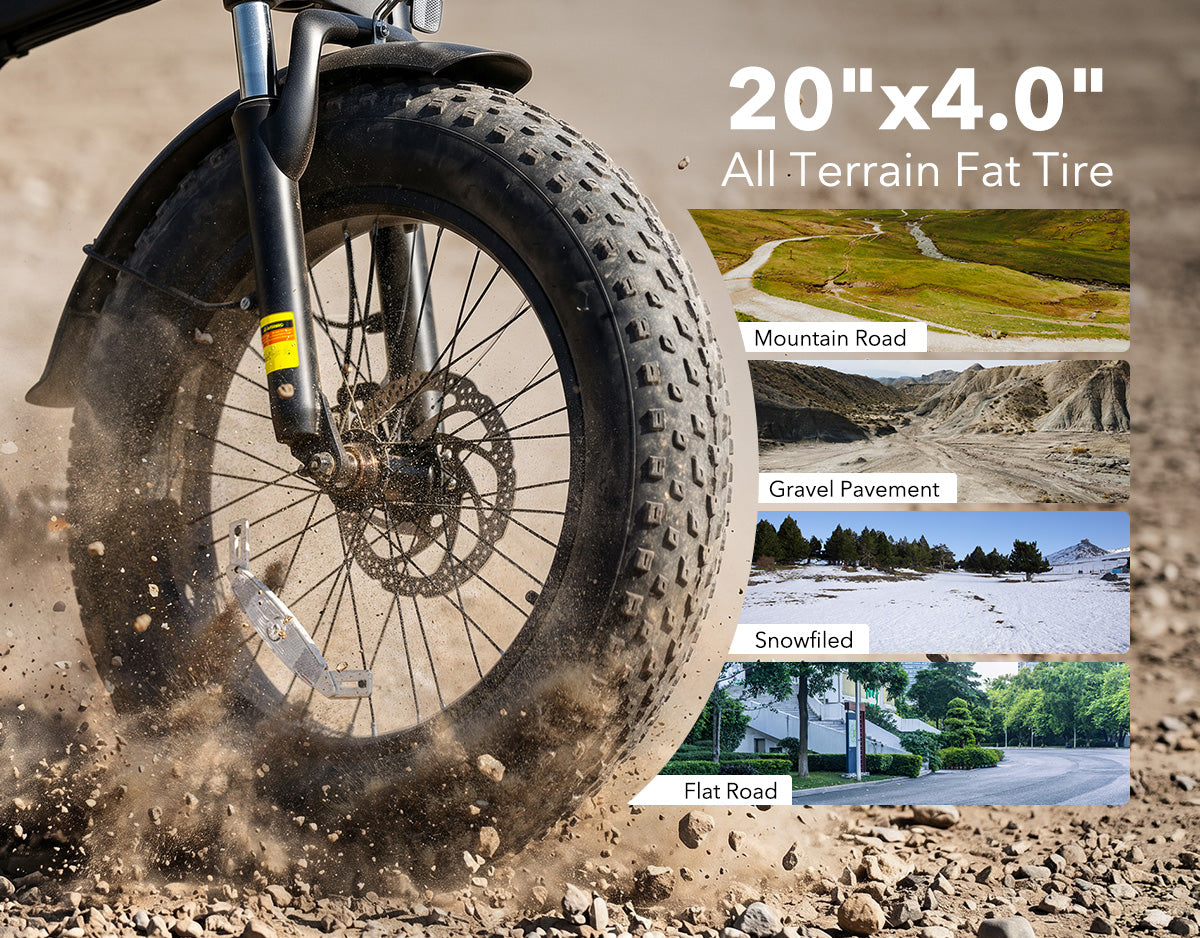 Close-up of 20x4.0 inch all-terrain fat tire on the Actbest Summit Plus e-bike, kicking up dirt