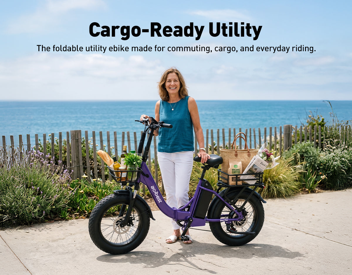 Purple Actbest Mars Plus ST utility e-bike parked by the coast, fully loaded with groceries in front and rear baskets, ready for daily commuting and cargo