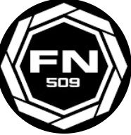 A black and white circular logo featuring a stylized geometric hexagon design with the letters 'FN' and the number '509' in the center.