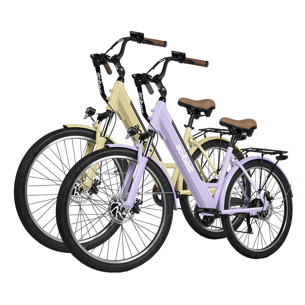 Lavender and beige Actbest Electric Bikes with step-through frames and padded seats.
