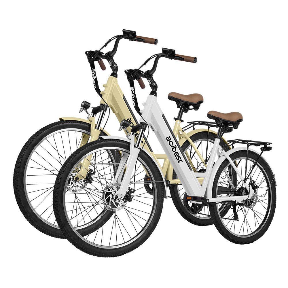 Two Actbest E-bikes in white and beige with step-through frames and padded seats