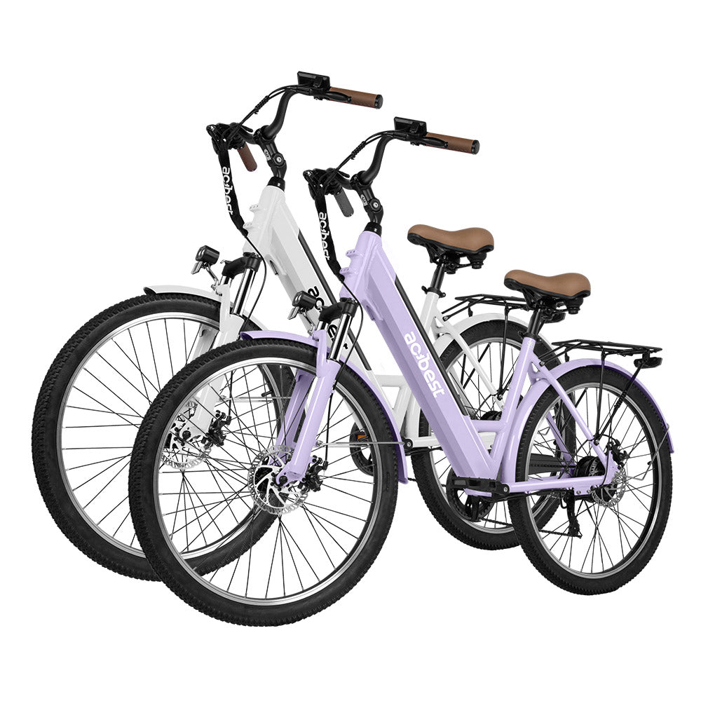 Actbest Electric Bikes in white and lavender with step-thru frames and cushioned seats
