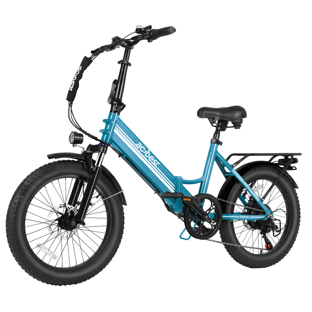 Teal folding electric bike with 3-inch fat tires and powerful motor.