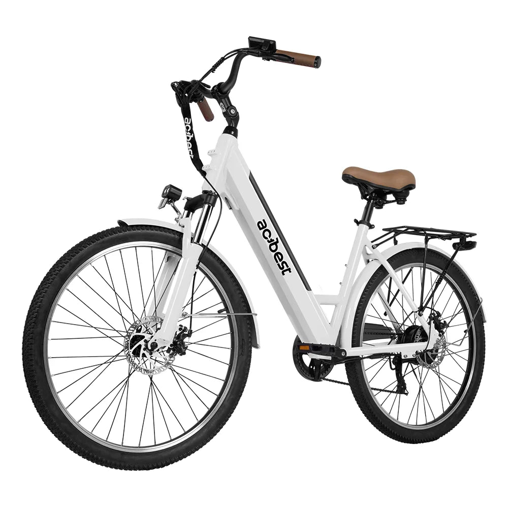 White step-thru electric bike with disc brakes and front suspension