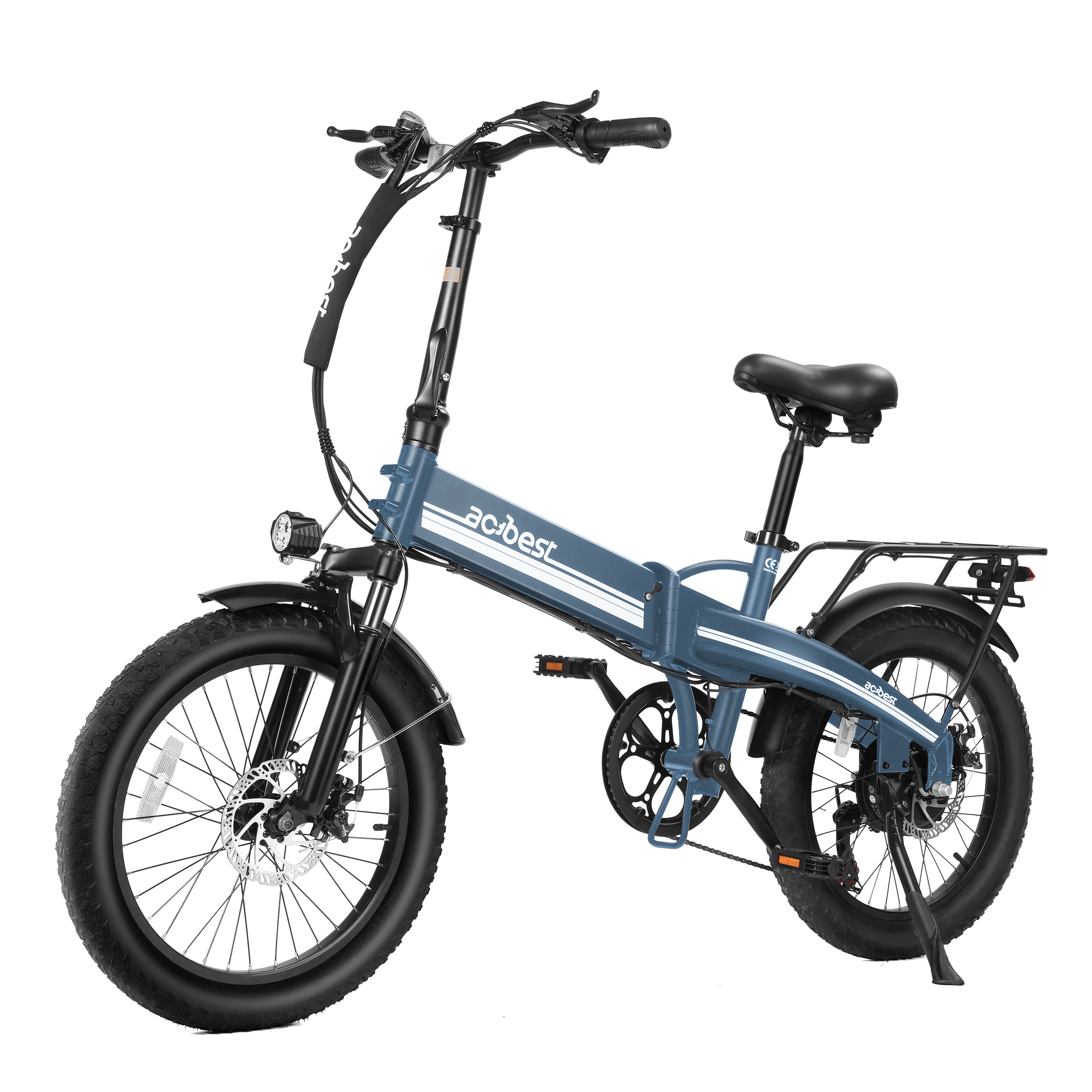 Blue foldable electric bike with robust fat tires for all-terrain rides.