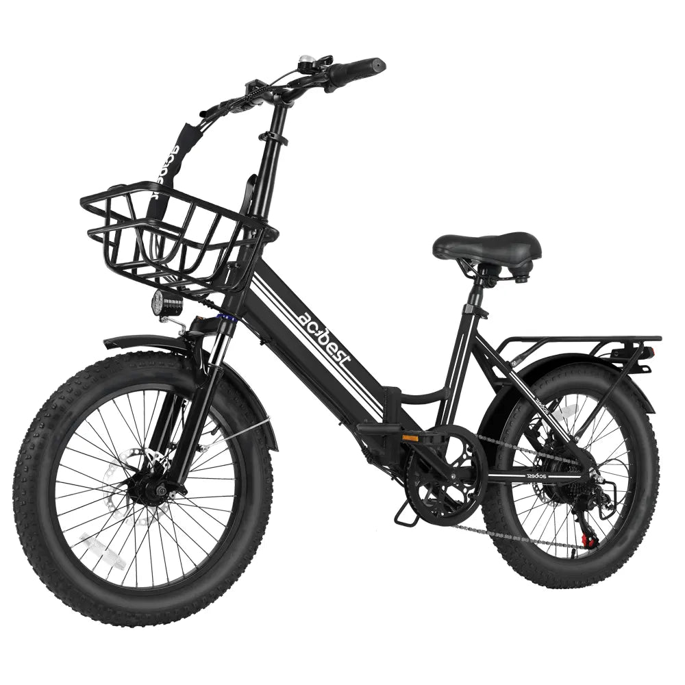 Black folding electric bike with fat tires, front basket, and rear rack for convenience.