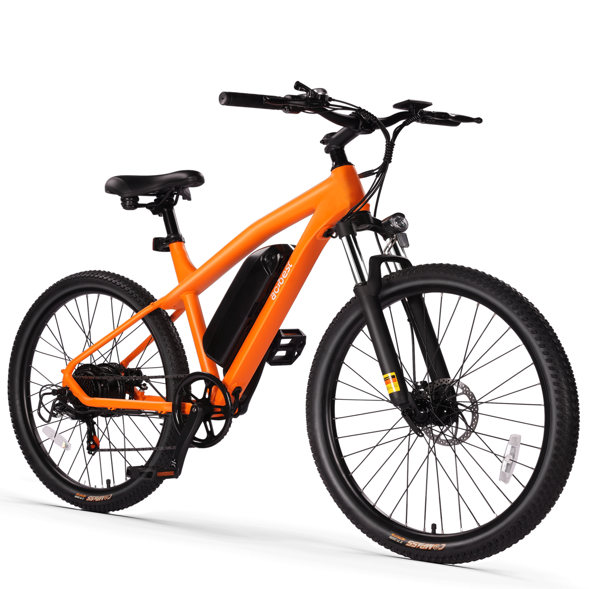 Bright orange electric mountain bike with powerful brushless motor and dual suspension.