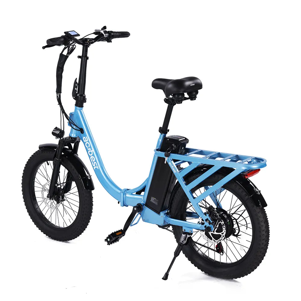 Blue Mars Folding Electric Bike with fat tires and rear cargo rack for urban use