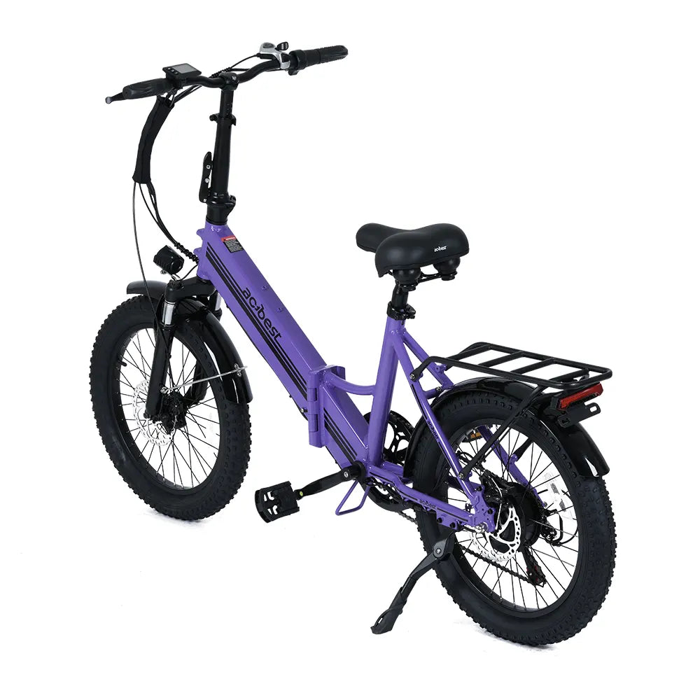 Purple folding electric bike with rear rack, fat tires, and 750W motor for versatile use.