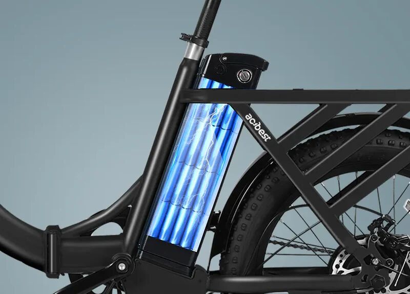A close-up view of an e-bike's battery pack mounted on the frame